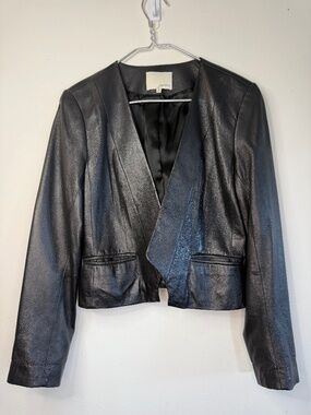 Sportscraft Black Lamb Leather Cropped Blazer Jacket AU 12 Fitted Collarless